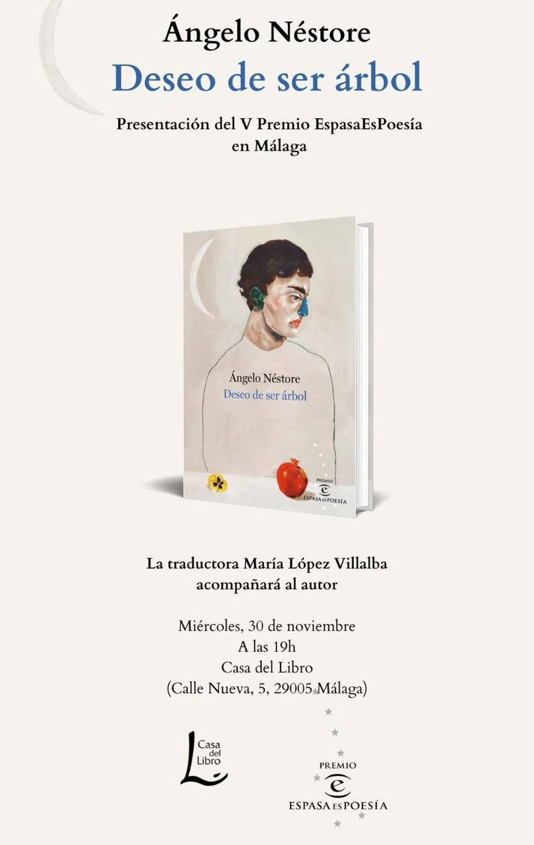 Esta tarde <a href="/angelonestore/">Ángelo Néstore</a>, profesora de nuestra Facultad, acompañada por nuestra querida María López Villalba presenta su nuevo poemario "Deseo de ser árbol" V Premio EspasaEsPoesía en Málaga.
Os esperamos a las 19h en la <a href="/casadellibro/">Casa del Libro</a> (C/ Nueva 5)  para sencillamente disfrutar.
