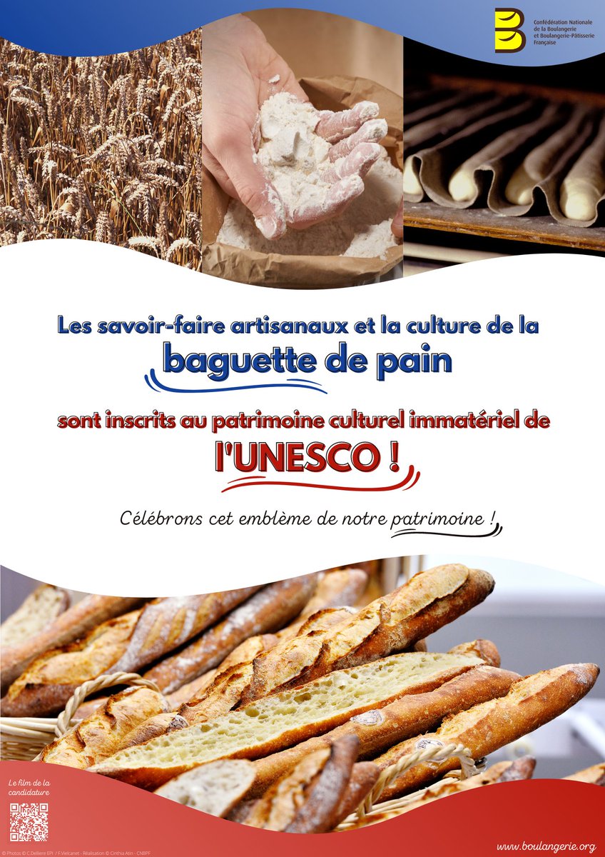 Le comité intergouvernemental de sauvegarde du patrimoine culturel immatériel #UNESCO, réuni à Rabat, pour sa 17e session, a inscrit « les savoir-faire artisanaux et la culture de la baguette de pain » sur la Liste représentative du patrimoine culturel immatériel de l’humanité 👏