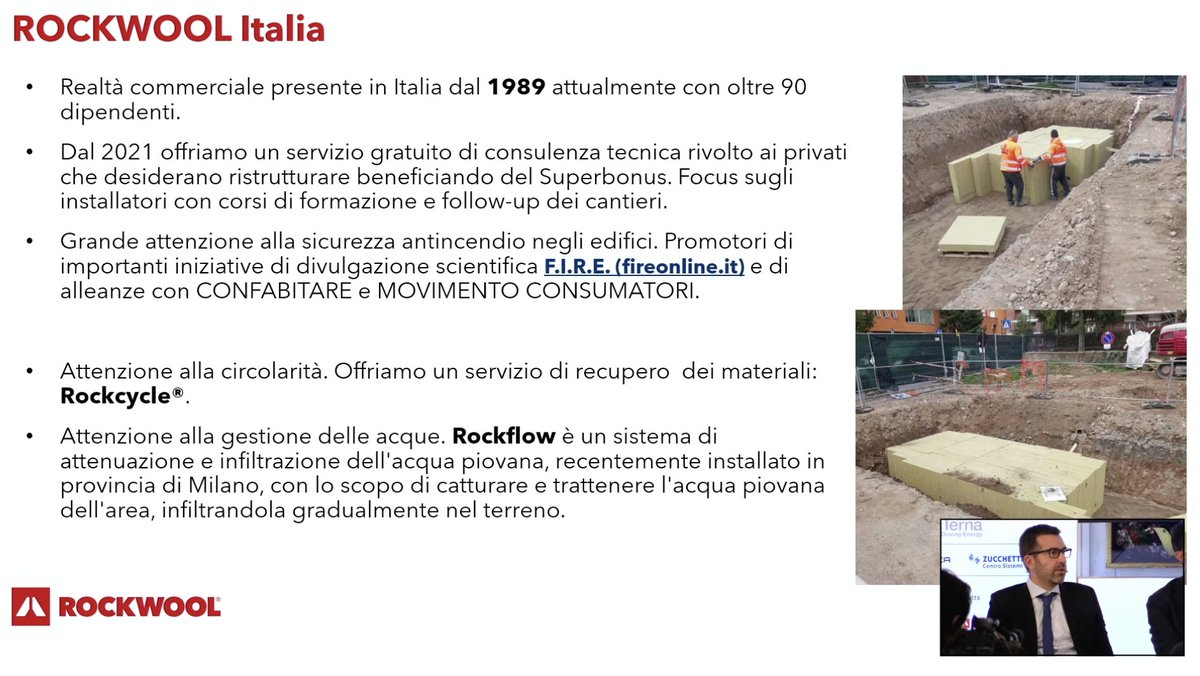 #ForumQualEnergia Paolo Migliavacca Business Director <a href="/ROCKWOOLGroup/">ROCKWOOL Group</a> Italia "Lana di roccia utilizzata in maniera innovativa per il controllo delle acque. Convoglia le acque e la rilascia in modo controllato in falda senza creare disagio. Progetti pilota in provincia di Milano"