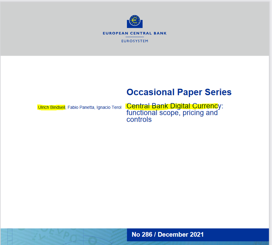 <a href="/ecb/">European Central Bank</a> Author : Ulrich Bindseil 

I will just leave that here, so everybody knows about the conflict of interest.  

#Bitcoin