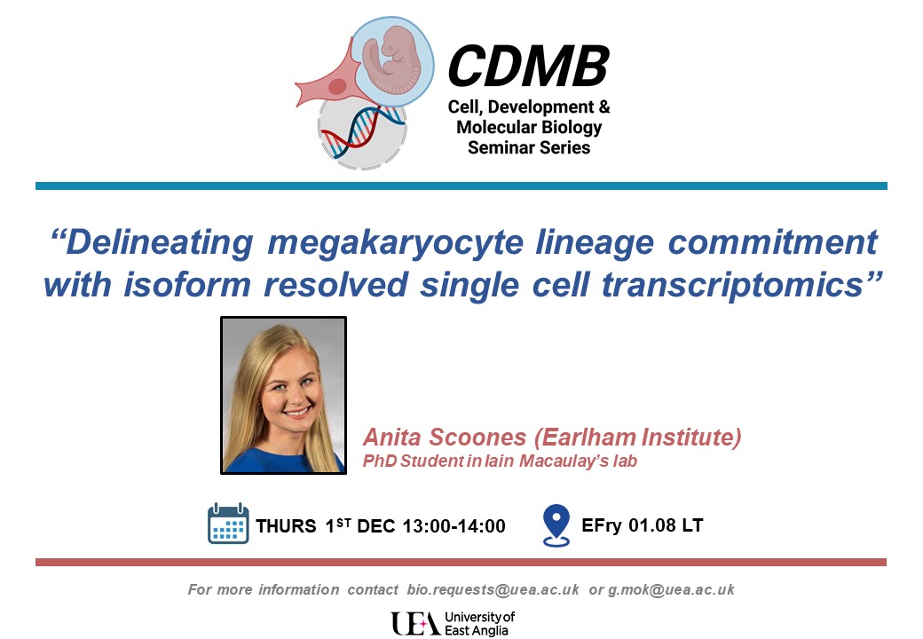 Join us at Thursday's CDMB with @AnitaScoonesPGR from Iain Macaulay’s lab @EI_single_cell and our host @gifaymok   See you there!   #BIOcdmbseminars #UEAScience