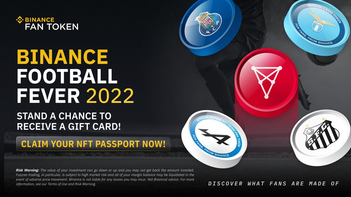 Binance is giving away 10 gift cards worth $10 in $CHZ to celebrate Football Fever 2022 ⚽️🏆

All you have to do is:

1⃣ Claim your NFT passport 👉 bit.ly/BFT-Chiliz
2⃣ Follow <a href="/BinanceFanToken/">Binance Fan Token</a> &amp; <a href="/Chiliz/">Chiliz - The Sports Blockchain</a>
3⃣ RT, explain which country you support and tag both accounts

⚡️ $CHZ