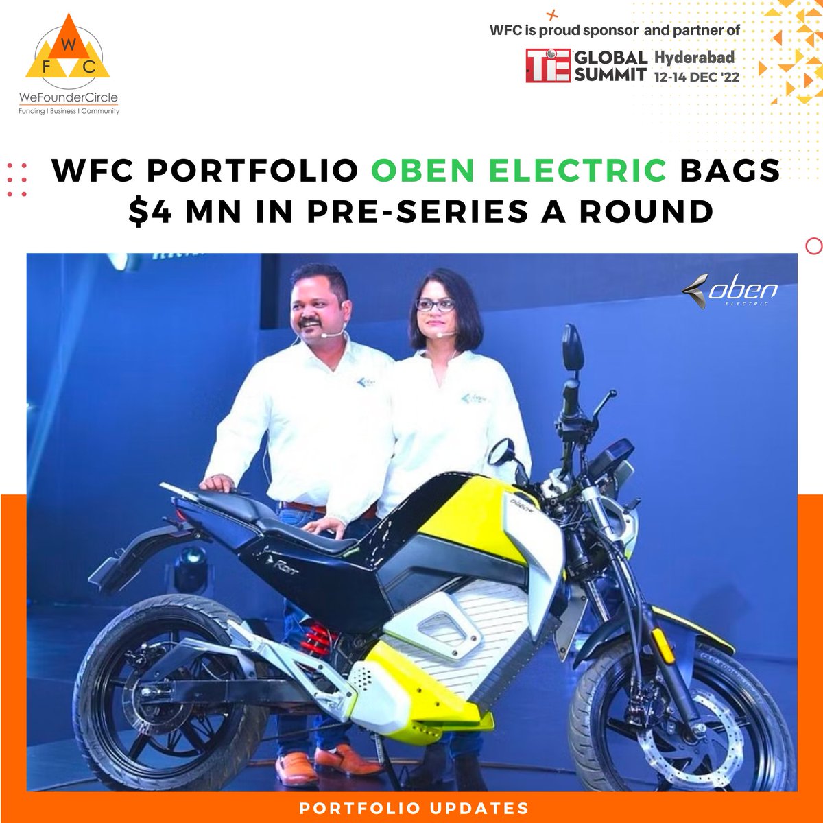 wefoundercircle's tweet photo. We Founder Circle portfolio Oben Electric raised $4 million in Pre-Series A round
Oben Electric the major entrant in the Indian electric two-wheeler market, Founded by Dinkar Agrawal and Madhumita Agrawal to develop new electric 2-wheelers in-house.
#WFC22 @obenev2020 https://t.co/qbh6gjz8dj
