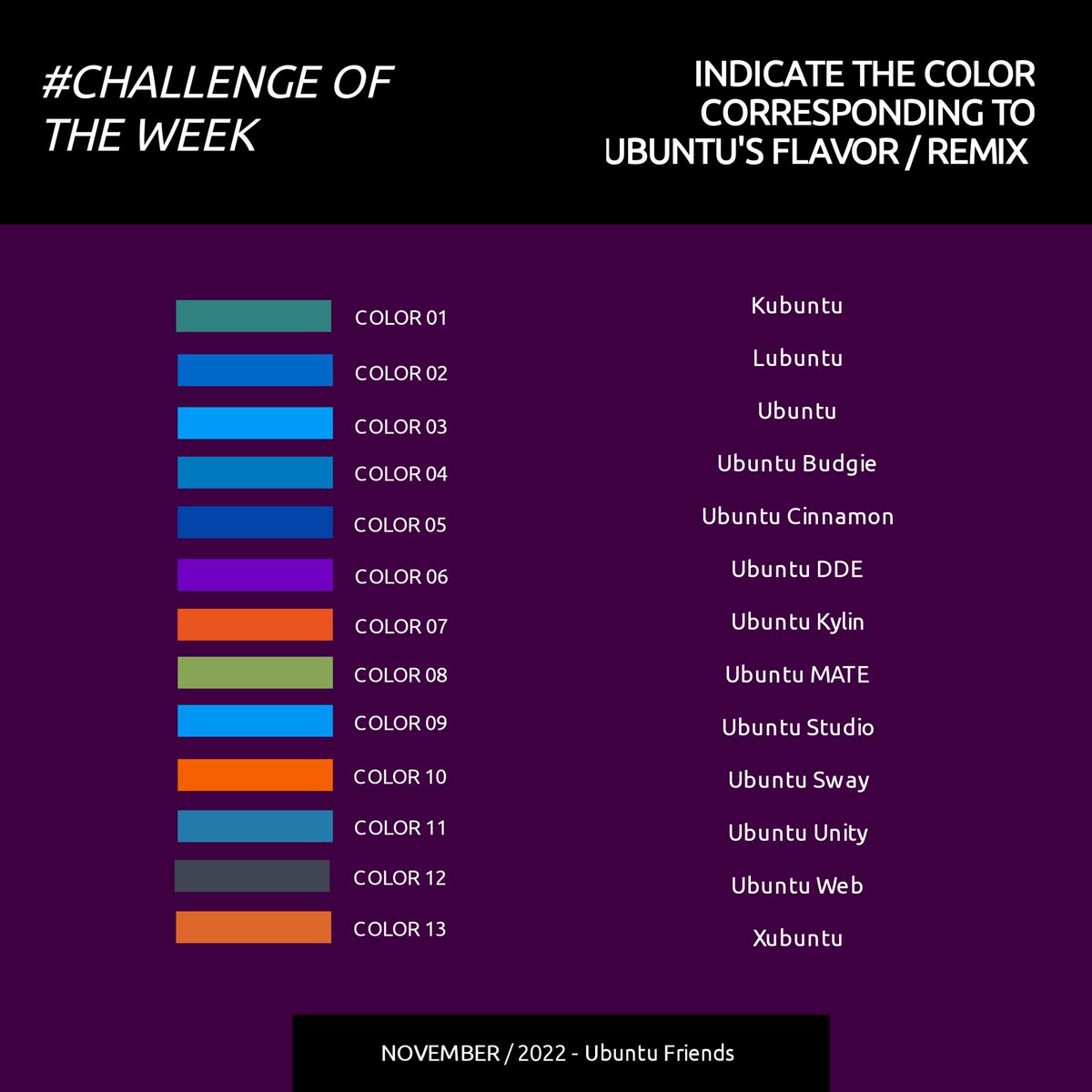 #ChallengeOfTheWeek

🏁 Indicate the color corresponding to the Ubuntu's flavor/remix.

#ubuntu #linux #challenge