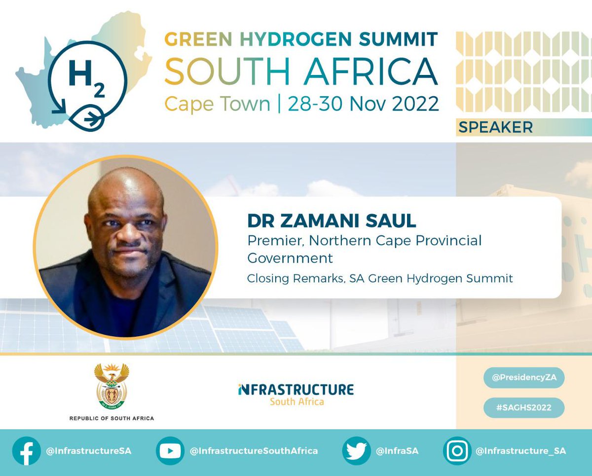 The Premier, @dr_zsaul1  will officially close the Innaugural South African  Green Hydrogen Summit currently taking place.
Follow our social media pages for the live feed on @NCProvGov
@NCAgricultureSA
#greenhydrogen 
#SAGreenH2Summit
#moderngrowingsuccessfulprovince