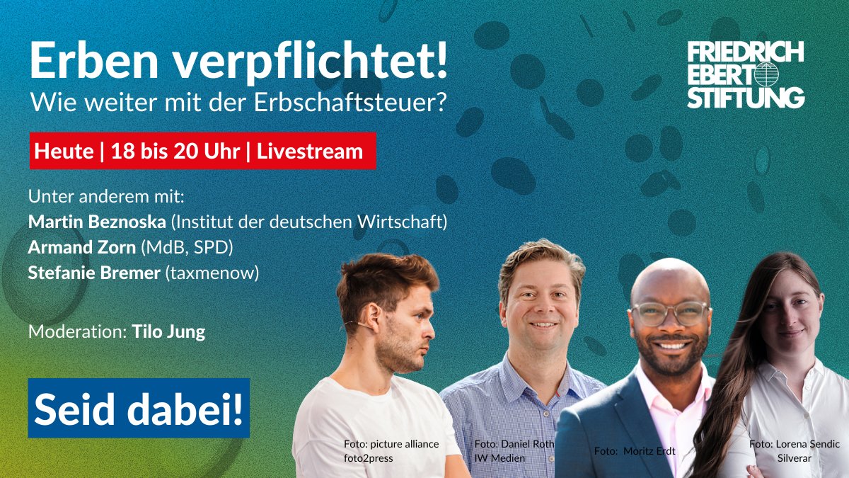 📣Heute! Warum #ErbenVerpflichtet, darüber diskutieren wir im #Livestream mit einer Millionenerbin und anderen tollen Gästen aus Politik, Forschung &amp; Zivilgesellschaft.
Höhepunkt: wir enthüllen eine Erbschaftsteueruhr. ⏲
Seid #online dabei! #FairErben
👉fes.de/erben-verpflic…