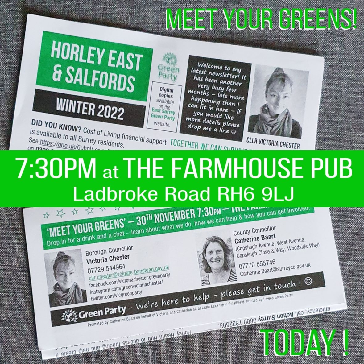 'Meet your Greens' - 7:30pm TODAY! Pop over to The Farmhouse for some drinks and chat, meet your Green Party councillors, learn a bit about what we do and how you could get involved. Or just come for the conversation and good company. 😁 Hopefully see you there! 💚 @RedhillGreens