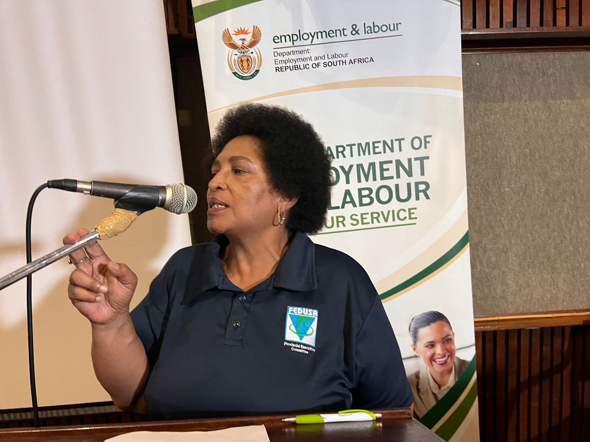 The Chairperson of FEDUSA in the Free State, Peggy Motlokoa is delivering a closing address at the Organised Labour World AIDS Day Policy in Action meeting. The event is part of a build-up to #WorldAIDSDay2022 commemoration by labour