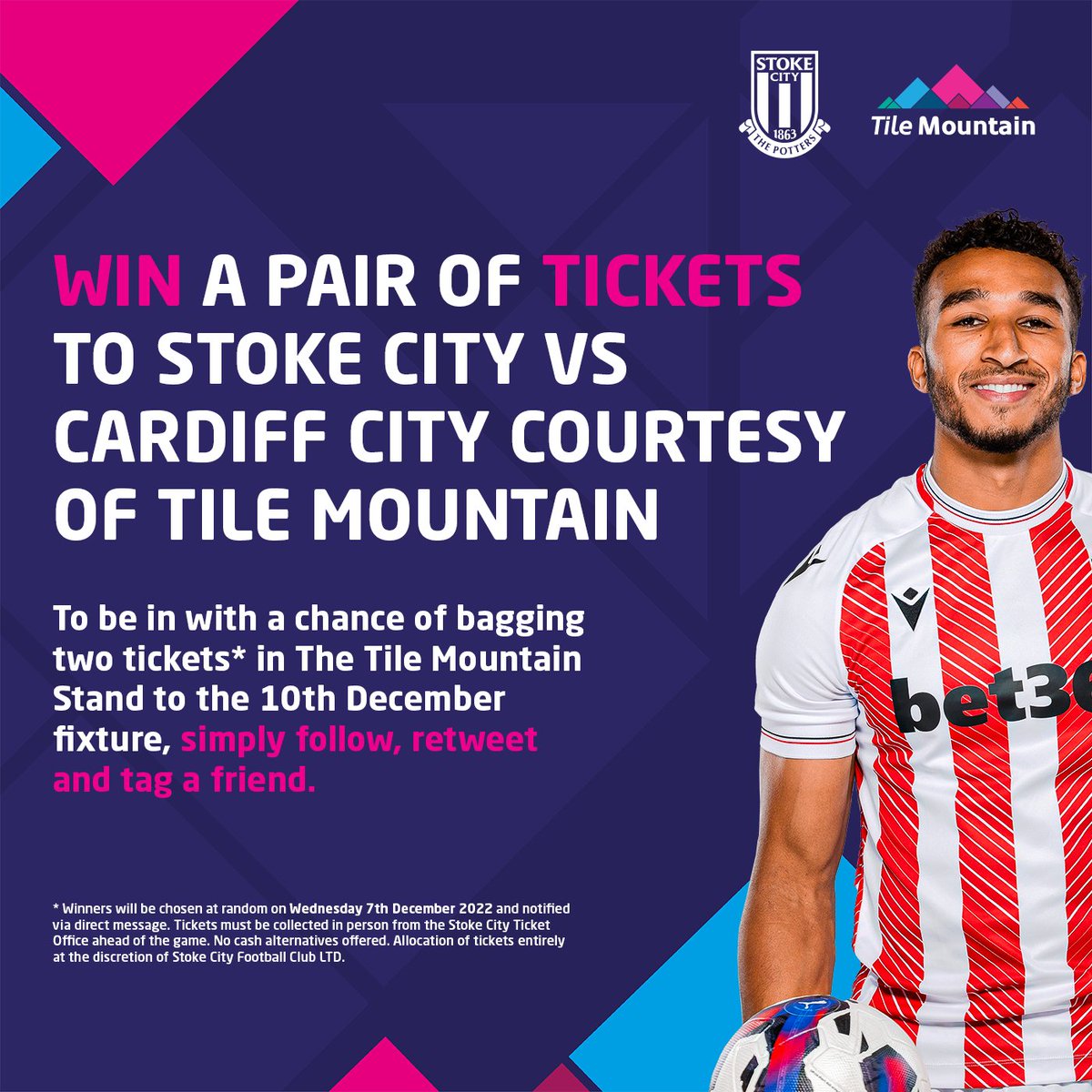 TileMountainUK's tweet photo. Calling all @stokecity fans 📣

WIN a TWO TICKETS to Stoke City vs Cardiff City on the 10th of Dec!

All you need to do is:
     👍 Follow us
     🔁 RT this tweet
     🏷️ Tag 2 friends 

Winner will be notified by DM on 7th of Dec &amp; will need to collect tickets.

#stokecity #win https://t.co/0vCsh6slJV
