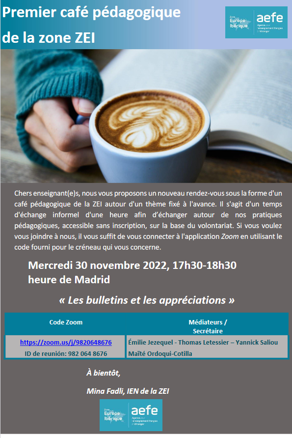 Aefe_zei's tweet image. Rendez-vous ce soir pour le premier #cafépédagogique des enseignants du 1er degré, 17H30 (heure de Madrid)
Thème: Les #bulletins et les #appréciations