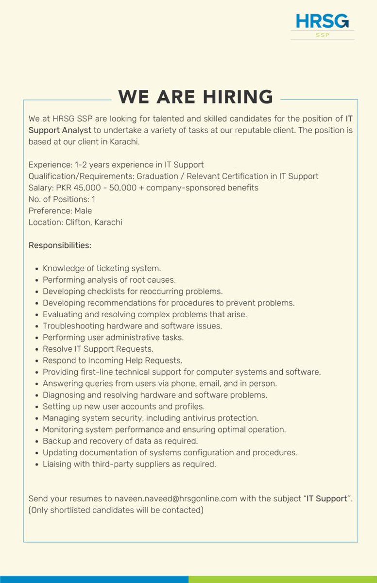 HR_P_P's tweet photo. HRSG - Innovative Business Solutions is #hiring!
If you are interested in applying to this position, please email your CV to us at info@hrsgonline.com
#IT #SupportAnalyst #ApplyNow https://t.co/vQbNJdIM8b