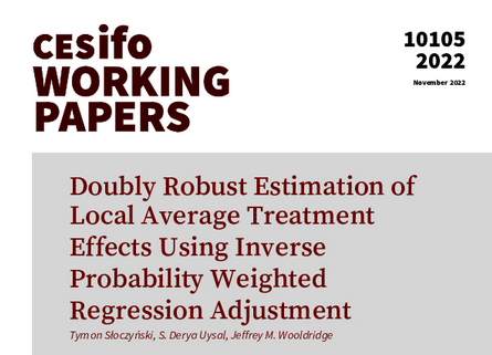 Doubly Robust Estimation of Local Average Treatment Effects Using Inverse Probability Weighted Regression Adjustment | <a href="/TymonSloczynski/">Tymon Słoczyński</a> <a href="/sderyauysal/">Derya Uysal</a> Jeffrey M. Wooldridge | #EconTwitter #cesifoworkingpapers cesifo.org/en/publication…