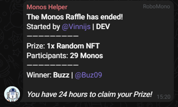 MonosCommunity's tweet photo. Raffle Bot
This is an upcoming bot we will provide for #DogeChainCommunities. It feature an user friendly UI and it can be used for communities to raffle NFTs or any perks. A demo is available on our Telegram when we run #NFTRaffles.
https://t.co/Pt0irsHqVb
π§΅ 15/23 https://t.co/eLgrt2JMdO