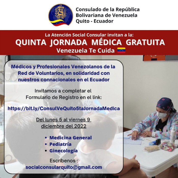 Realizarán 5ta Jornada Médica para venezolanos en Ecuador
La jornada será del 5 al 9 de diciembre y los venezolanos deben registrarse previamente.

#FITVENEsDesarrollo