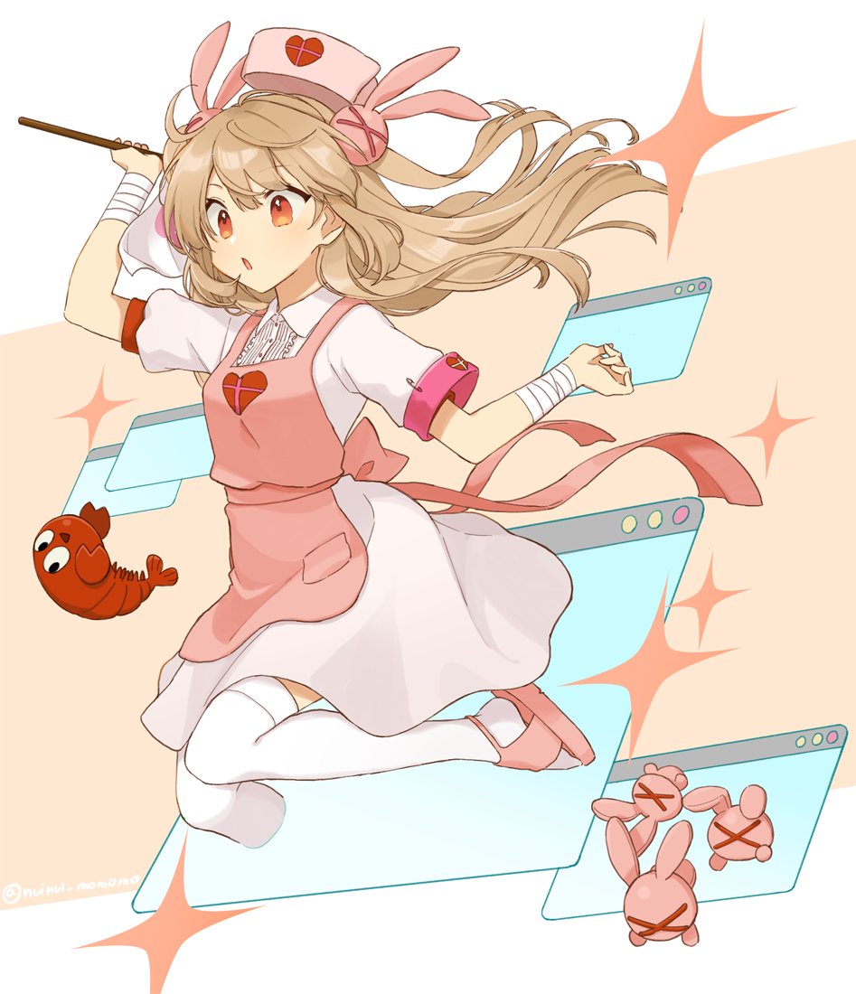 natori sana 1girl pink apron hat apron long hair nurse cap rabbit hair ornament  illustration images