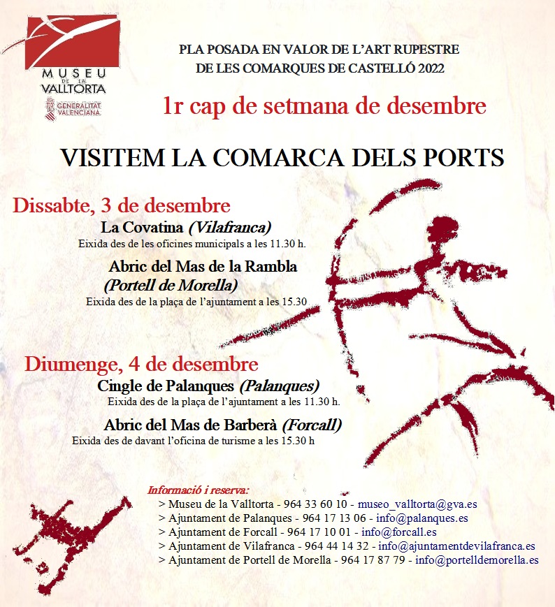 🔎 El <a href="/GVAvalltorta/">Museu de la Valltorta</a>  visita aquest cap de setmana Vilafranca amb una eixida cultural per gaudir del patrimoni històric de les pintures rupestres de La Covatina

📍 Dissabte 3 de desembre. Eixida a les 11.30h

⚠️ Més informació i reserves disponible al cartell adjunt.