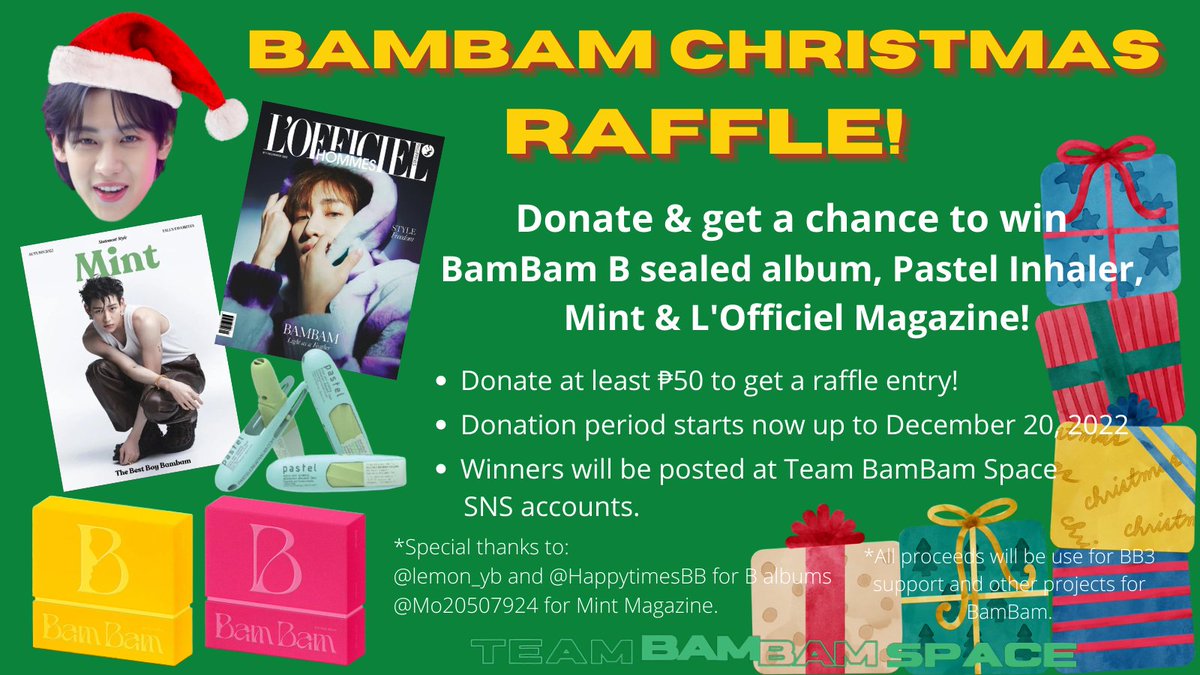 TeamBamBamSpace's tweet photo. 📢Filo IGOT7s, BB3 is coming to town, so here's Santa BamBam Christmas Raffle!🧑‍🎄🎄🎁💚

Donate and get a chance to win a gift of Santa BamBam🧑‍🎄ho ho ho! Skrrrt Skrrt!😊💚

Full details: https://t.co/IFPHfdXSIU

@BamBam1A @BAMBAMxABYSS 
#BamBam #뱀뱀 #BB3Support https://t.co/ccHqHNHkn8
