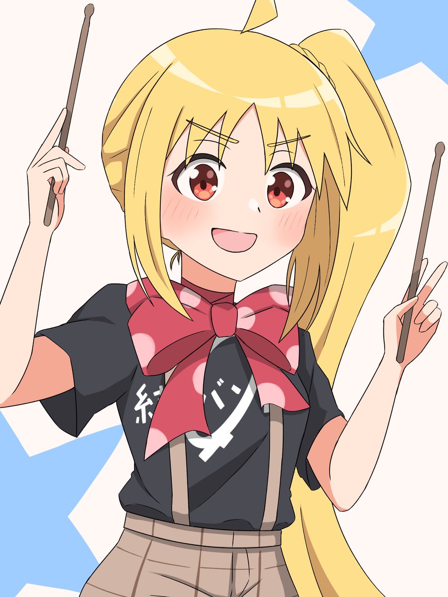 ijichi nijika 1girl solo blonde hair side ponytail long hair drumsticks smile  illustration images