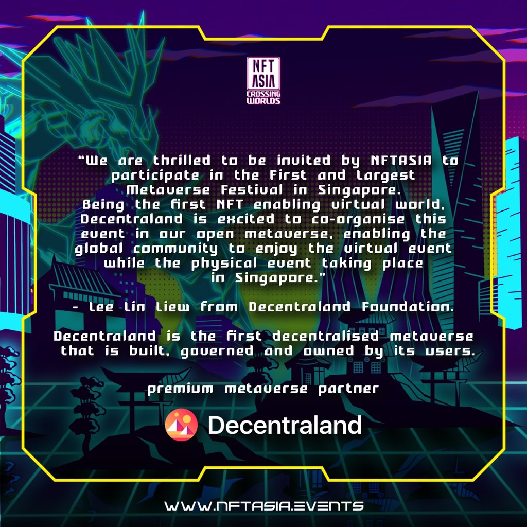 NFTASIA_events's tweet photo. Announcing… DECENTRALAND 

They’re not the only metaverse partnering with us for our Metaverse Festival 👀
So.. stay tuned for more! https://t.co/67imH5VNir