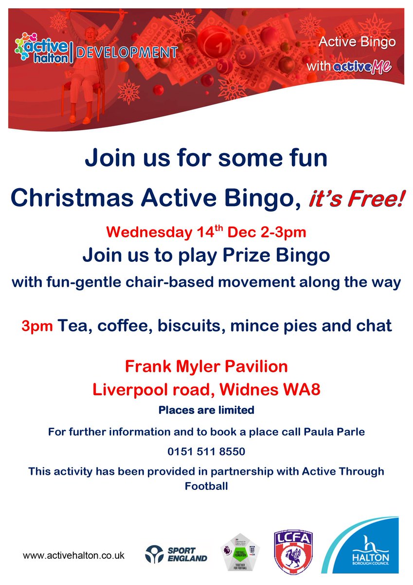 HaltonGetActive's tweet photo. Our Christmas Special
Active Bingo
Prize Bingo and fun gentle movement and chatter
Its Free for older adults, places are limited, please book #Halton
#HaltOnLoneliness #activehalton #ActiveMe
@onehalton @HaltonHIT @haltoncab @hwhalton https://t.co/hkHAKW20DN