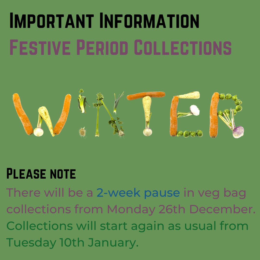 Important Customer Notice ❗ 

We will be having a 2-week break from veg collections from 26th December, but we will be back as usual from Tuesday 10th January 2023!

Our last collections of 2022 will be w/c 19th December, so still plenty of time to order your veg for Christmas!