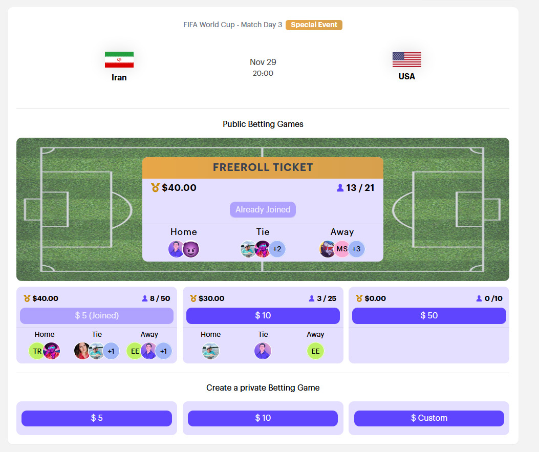 Ran our first #freeroll for the dicey #IRNUSA matchup last night.  

The 20 spots were filled in minutes. Stay tuned for upcoming #FIFAWorldCupQatar2022 freeroll #predictor games on @casama_io ⚽️💰