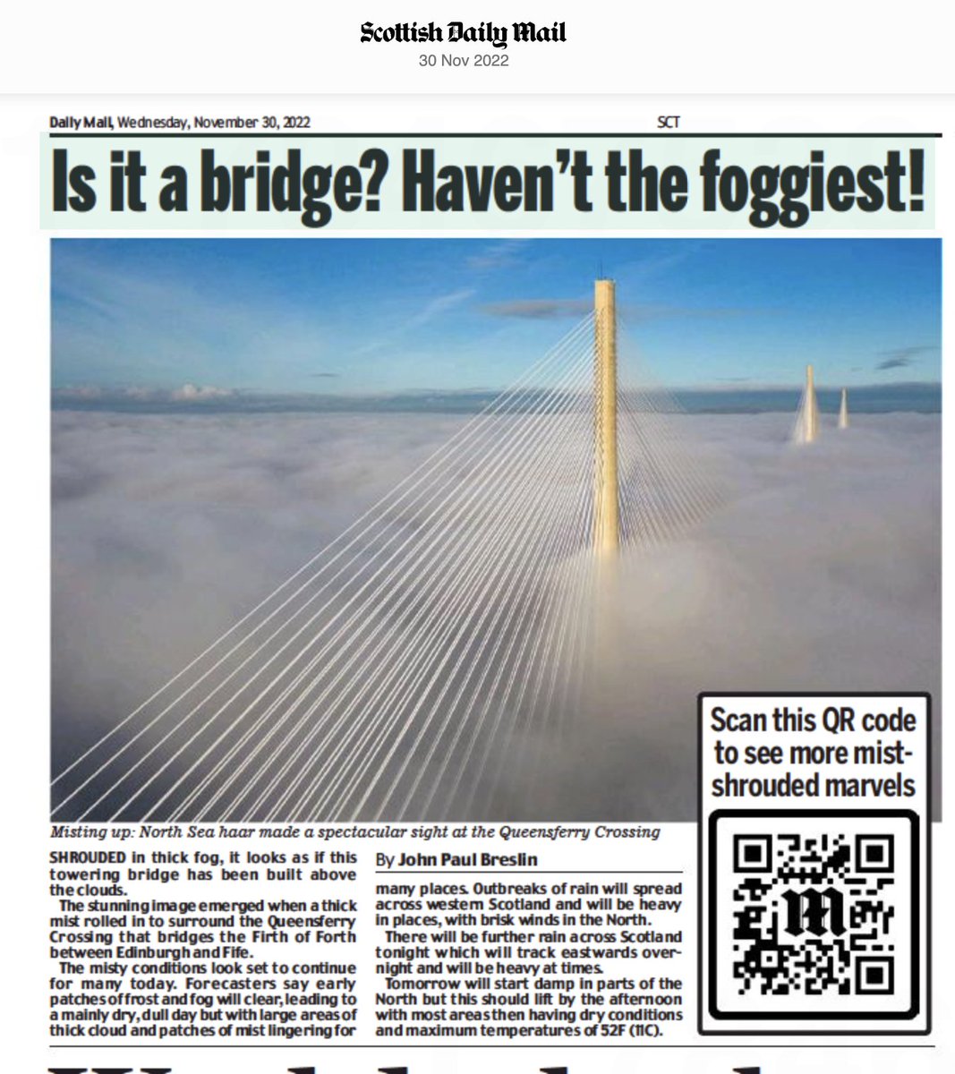 Nice to see my photo of #queensferrycrossing in the #fog in today's @DailyMailUK @Alamy_Editorial  @TheForthBridges