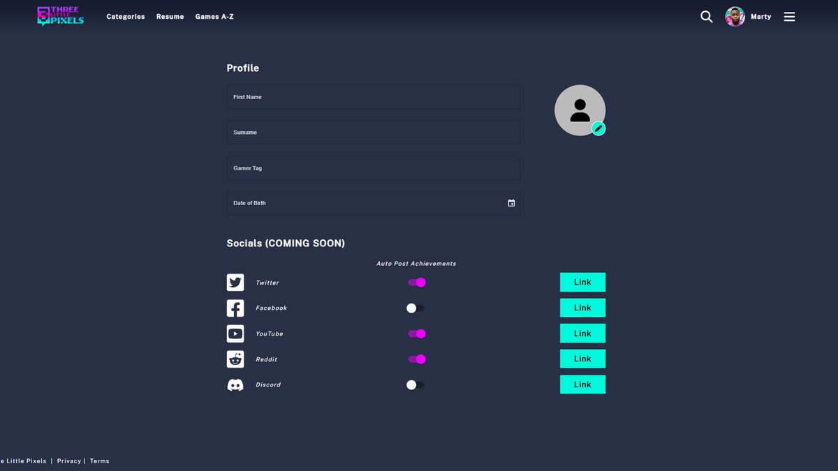 PeteCurulli's tweet image. Really pumped with how simple yet effective @ThreeLilPixels will be at launch. Here's a shot of what will be your profile screen. Again keeping it really simple, just the important stuff, and the ability to toggle off and on social link auto posting will come in handy for shares!