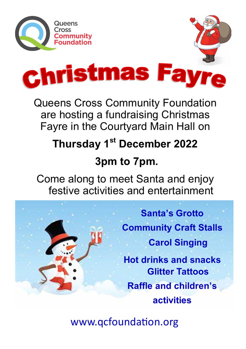 Join us tomorrow from 3-7pm for Queens Cross Community Foundation's Christmas Fayre at Westercommon Courtyard. Enjoy:

🎁 Craft stalls 
🥧 Festive treats 
🎅 Santa's grotto
🎤 Live entertainment

All proceeds go to the Foundation. Find out about them ➡️ bit.ly/3iqRf3Z
