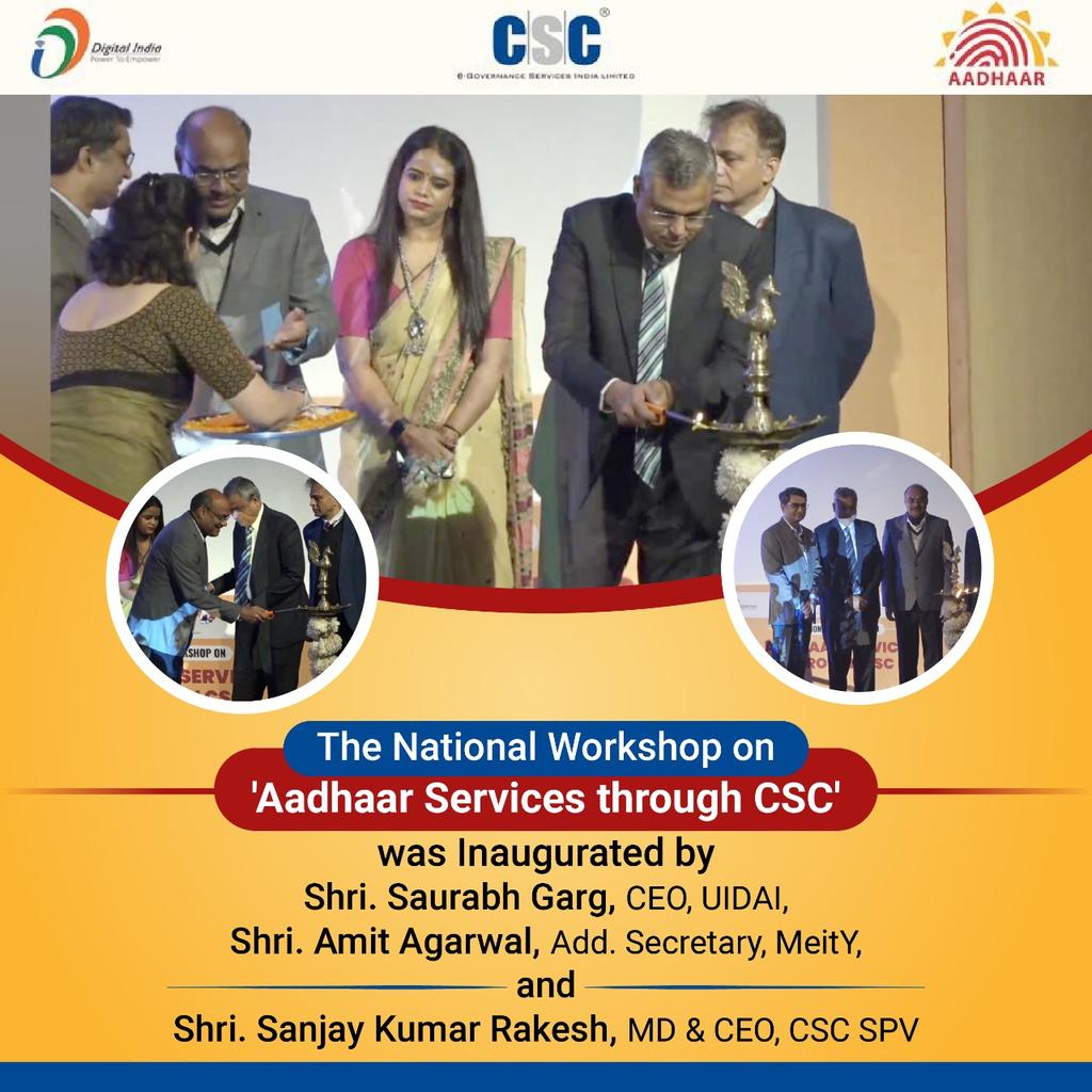 CSCegov_'s tweet image. National Workshop on &apos;Aadhaar Services through CSC&apos; was Inaugurated by Shri. Saurabh Garg, CEO, UIDAI, Shri. Amit Agarwal, Add. Secretary, MeitY, and Shri. Sanjay Kumar Rakesh, MD &amp;amp; CEO, #CSC SPV.

#DigitalIndia #RuralEmpowerment @UIDAI @_DigitalIndia @GoI_MeitY @sanjaykrakesh