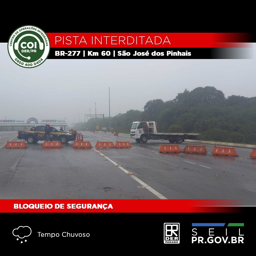 Rodovias Paraná on X: ⚠️BR-277 KM: 60 (São José dos Pinhais sentido  Paranaguá) CONDIÇÕES DA VIA: Fluxo bloqueado no sentido litoral. Retenção  de veículos devido à novo deslizamento no km 40, região