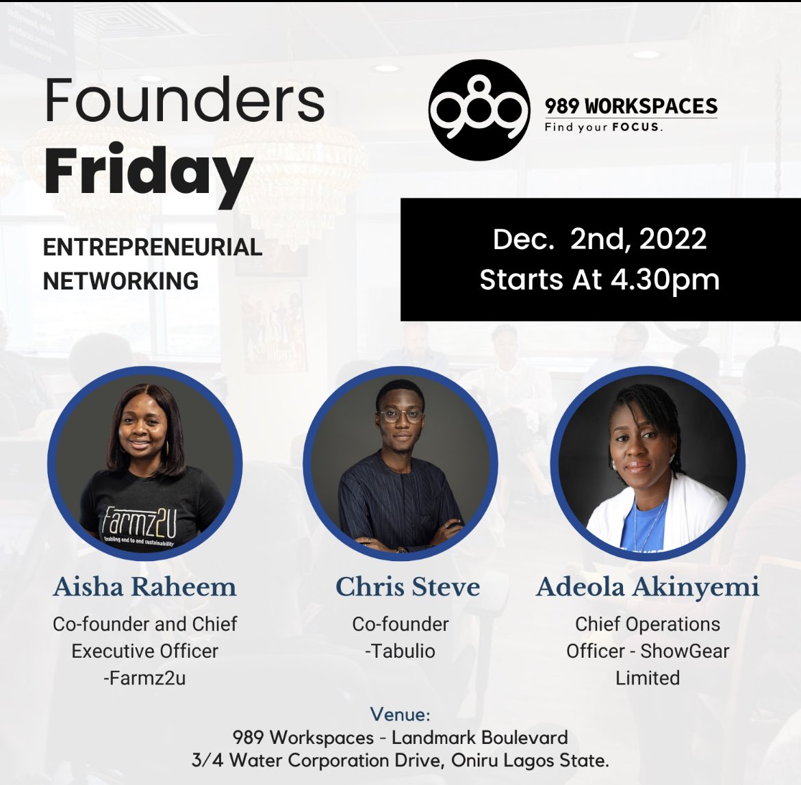 989workspaces's tweet photo. This our last  Founder’s Friday for 2022. 

Follow the link on our bio to register and come listen to entrepreneurs share their success stories, failures, struggles, &amp; their entrepreneurial journey. This is an interactive session and give opportunity to network. 
#foundersfriday https://t.co/H6KJtcuTEh