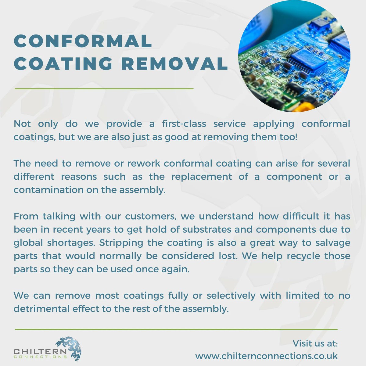chilternco's tweet photo. Service Spotlight 🏆

For further information on our Conformal Coating Stripping service please enquire with our sales team who will be able to provide you with tailored quotations to suit your requirements.

#conformalcoating #servicespotlight #service https://t.co/DkQMBegEYr