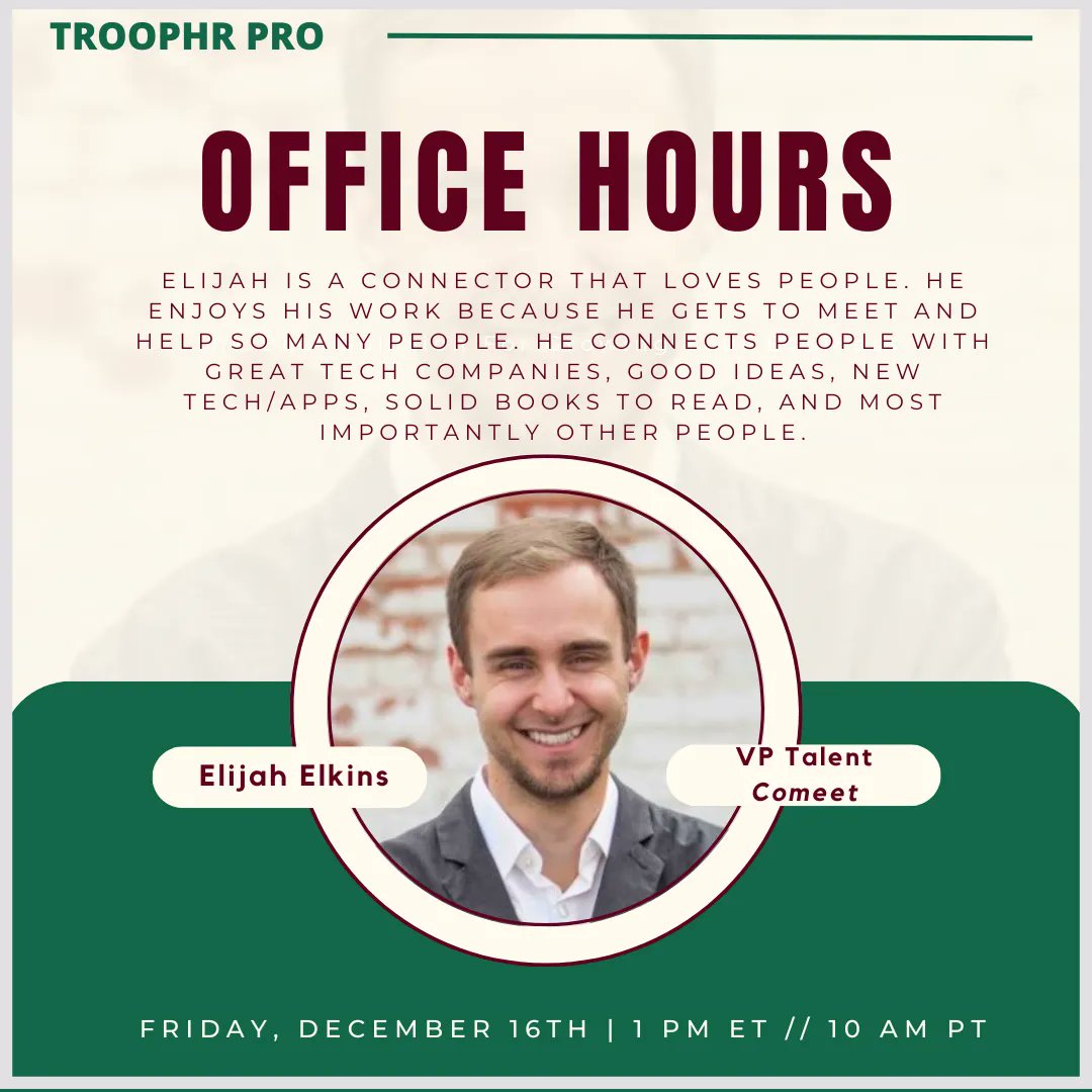 JoinTroopHR's tweet photo. The writer of this week's Featured TroopHR Blog Post, Elijah Elkins, joins us this Friday in one-on-one office hours! 

Schedule time to meet with Elijah, the VP of Talent at Comeet, to find ways of implementing empathy in your hiring practice! 

https://t.co/RcNKScoAfP https://t.co/l1fGYur5VR