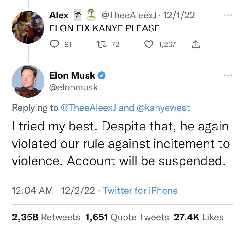 Twitter’s new policies are based on whatever Elon Musk’s current emotionally fragile feelings are

the rules are less transparent than ever before. you can get banned for rules they haven’t even announced yet

anyone still saying he’s promoting “free speech” is a bullshit artist