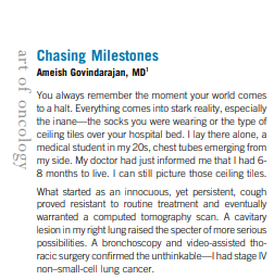 (1/3) Honored by the opportunity to share my #NSCLC cancer journey & my experiences with shared decision making. 

📢“Chasing Milestones” was just published as an @JCO_ASCO Art of Oncology Article. 🙏 

Please read: Chasing Milestones ascopubs.org/doi/pdf/10.120… 
#JCO #ARTOFONCOLOGY