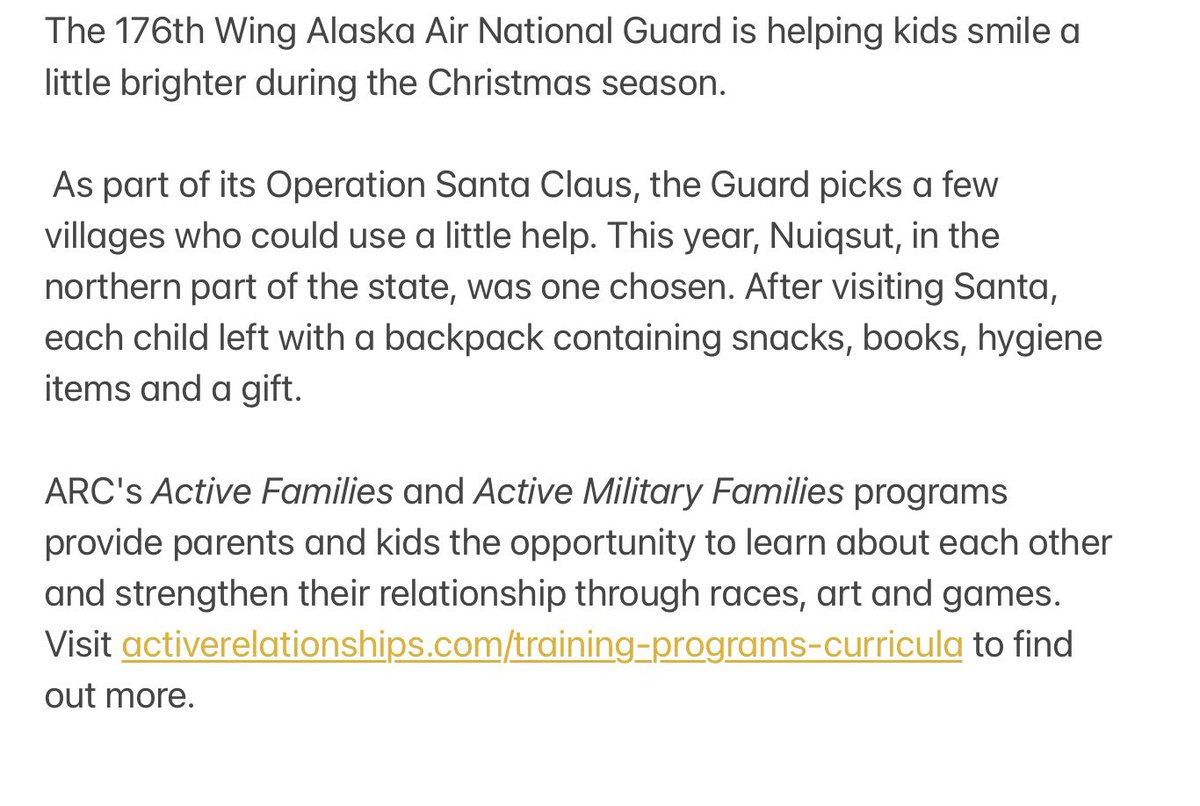 “National Guard helps Santa visit frosty Alaska village” tinyurl.com/ARarticle46 @176thWing For Operation Santa Claus, the Guard picks a few villages that could use a little help. Santa gives each child a full backpack and gift. ARC’s family programs: tinyurl.com/ActiveRelaProg…