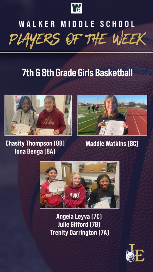 LELADYLOBOHOOPS's tweet photo. π PLAYERS OF THE WEEK π
Recognizing our Walker Middle School 7th & 8th grade girls basketball Players of the Week!
Congrats to these young ballers for their outstanding leadership on and off the court. π
#WalkerMiddleSchool #GoLadyLobos https://t.co/Unp5X4d4KR