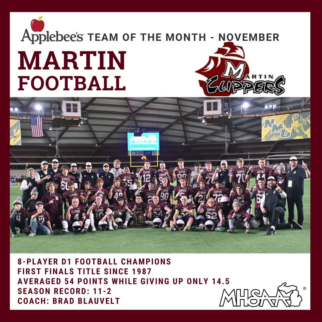 🏈Team of the Month: Martin Football
>> ow.ly/C2ha50M3QBP 👀⁣
#teamofthemonth #football #clippers #onionkings #champions #MHSAA⁣ <a href="/Applebees/">Applebee's Grill + Bar</a> <a href="/MHSClipperfball/">Martin Clipper Football</a>