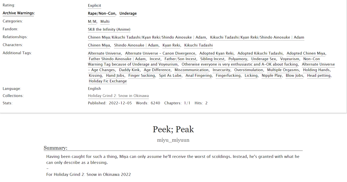sil_versnow's tweet photo. "Peek; Peak" my @Sk8Grind fic for @bequietjessie !
 > Adoption AU - Father Ainosuke; Adopted Tadashi, Reki, &amp; Miya
> Ainosuke/Tadashi/Reki/Miya (&amp; Ainosuke/Tadashi/Reki)
⚠️ Incest (Father/Son &amp; Sibling), Underage, Non-Consensual Voyeurism
AO3 Link: https://t.co/xnwI9Zs8Io https://t.co/TNF9aLNK1F