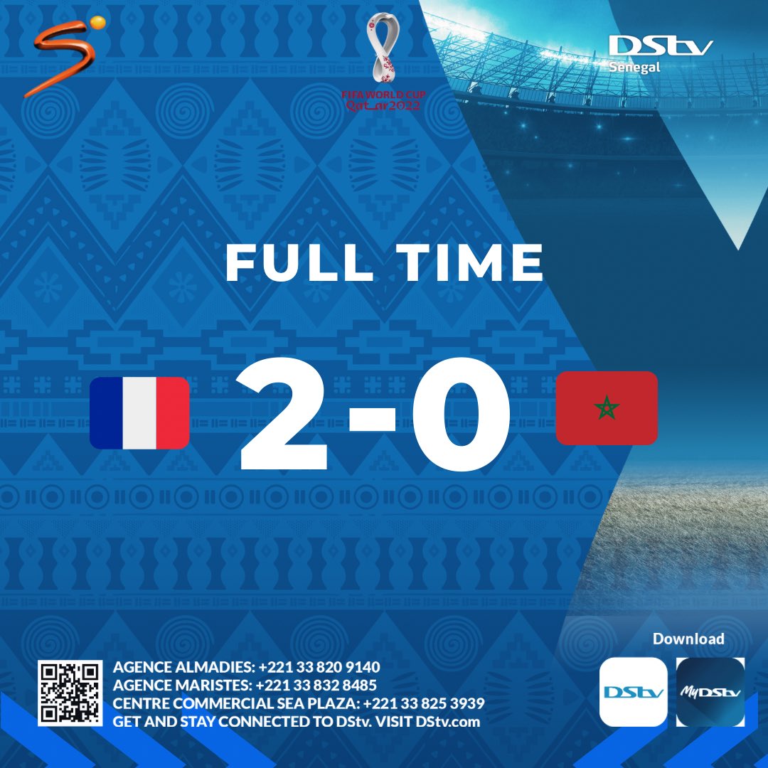 DStvSn's tweet photo. FIN DH MATCH. 
France 2-0 Maroc 
Sur un match maîtrisé par les Français, ces derniers s’imposent contre les Marocains et iront tout droit en finale de coupe du monde pour y affronter Messi et sa bande. Ça promet ! 🇫🇷🇦🇷 https://t.co/gObXCBimVD