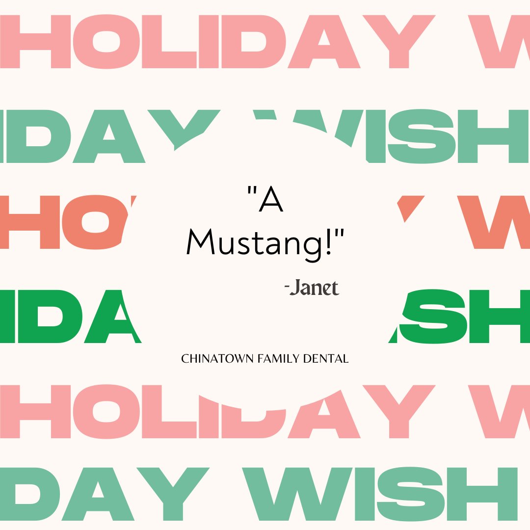 We are sharing the wish lists of our office staff and what would make a happy holiday for THEM. Today is Janet's wish- A MUSTANG! (Count us in, Janet!)