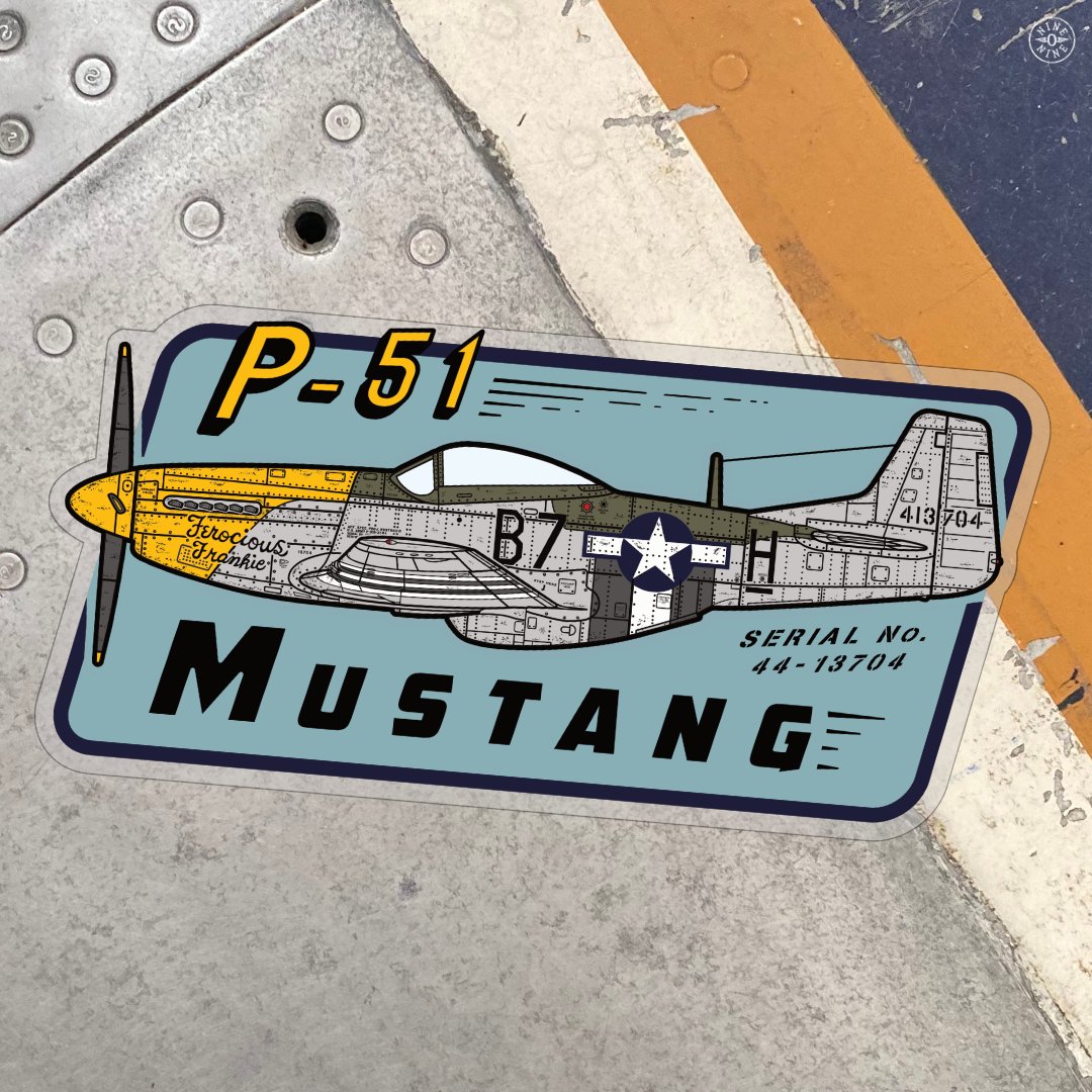 909ApparelCo's tweet image. 1950s-inspired 'Ferocious Frankie’ Sticker. This P-51 Mustang, with Serial Number: 44-13704, was named in honour of Pilot Mj. W. Hopkins’ Wife Frankie • Available now in our RedBubble Store: redbubble.com/people/909Appa… #ferociousfrankie #p51mustang #wwii #ww2 #aviation #909apparel
