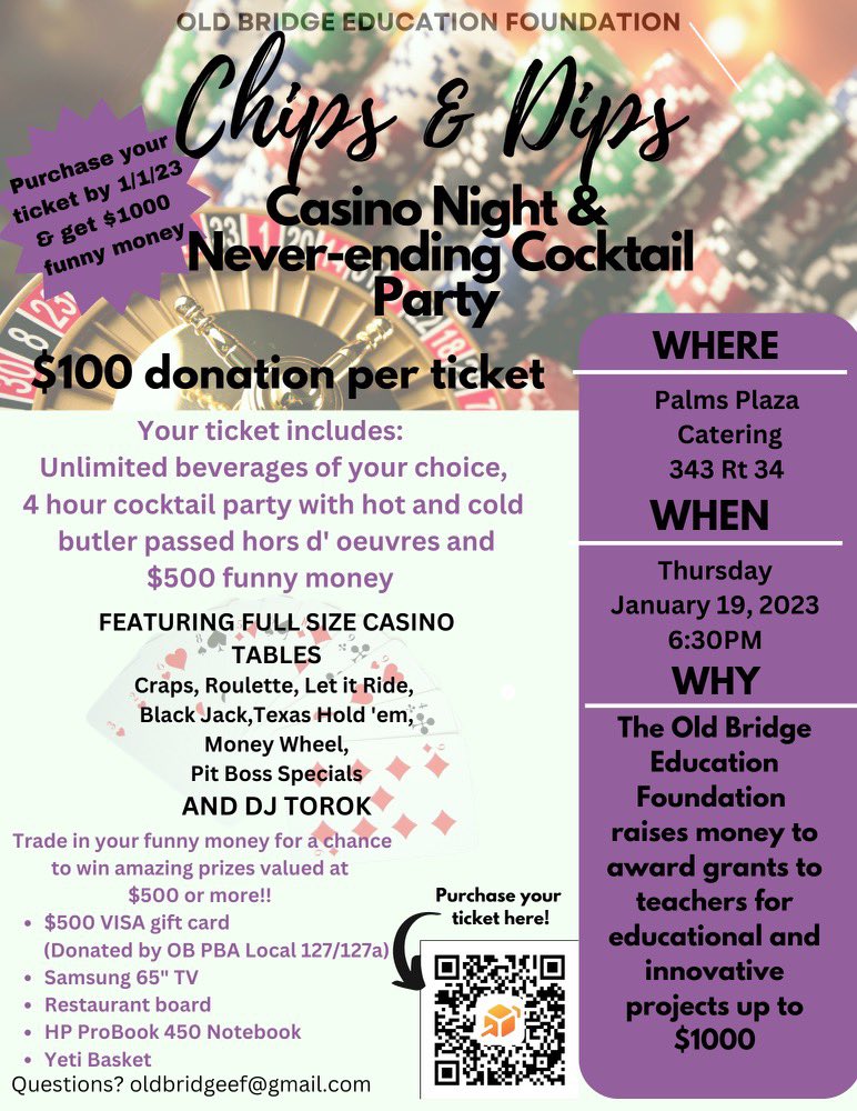 OBEducationFoundation (@obefoundation) on Twitter photo Don’t miss out on the OBEF’s Casino Night! Get your ticket before we sell out! BONUS!! $1000 in Funny $ if you purchase by 12/31/22. After that, your ticket will come with $500 in Funny $. Amazing prizes! @OBSupCittadino <a href="/OldBridgeTPS/">The Bridge</a> Don’t miss out on the OBEF’s Casino Night! Get your ticket before we sell out! BONUS!! $1000 in Funny $ if you purchase by 12/31/22. After that, your ticket will come with $500 in Funny $. Amazing prizes! @OBSupCittadino <a href="/OldBridgeTPS/">The Bridge</a>