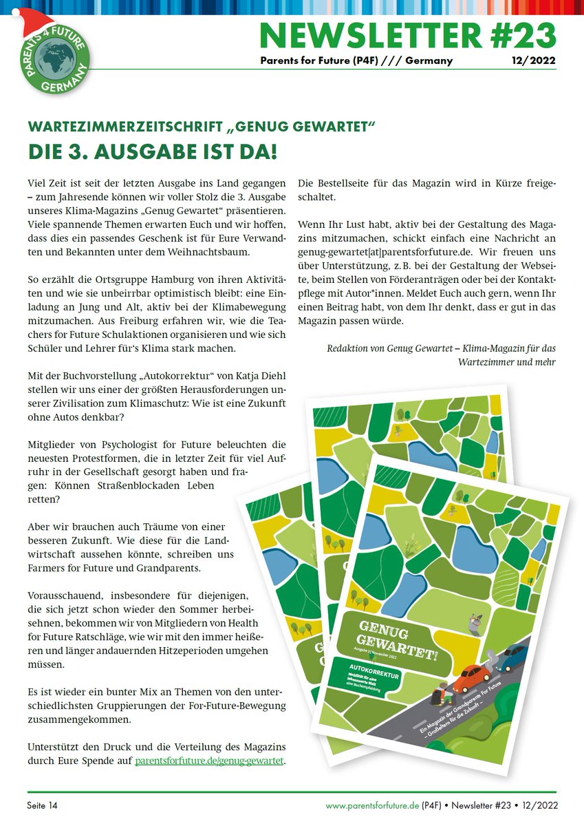 Die 3. Ausgabe von *Genug Gewartet* ist da! 

Das Klimamagazin für alle.
▶️ parentsforfuture.de/de/genug-gewar…
PDF: parentsforfuture.de/system/files/2… 

Ein Magazin der Grandparents For Future
– Großeltern für die Zukunft –

#moa 11/