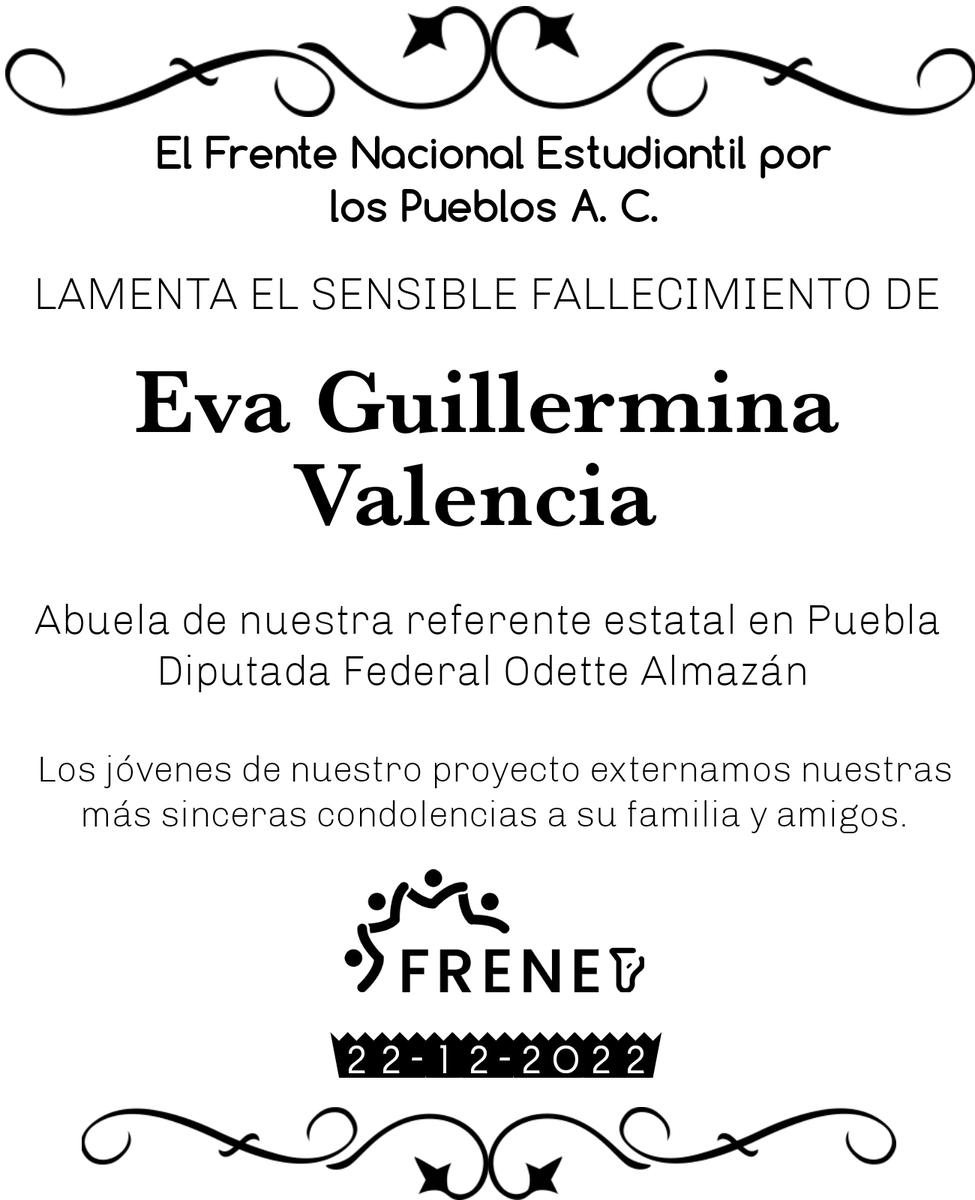 frenepacoficial's tweet photo. Le damos nuestro más sincero pésame a nuestra amiga y aliada @OdetteAlmazan8.

Nuestra fuerza está contigo estimada líder 🤝🇲🇽🏴🏴🏴🏴🏴🏴🏴🏴🏴🏴

#TodosSomosUno #GenerandoIdentidad #Puebla #juventud #Luto #Juventudes https://t.co/VF02SqEDKO