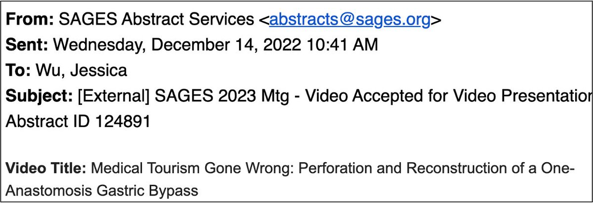 Matthew Martin, MD, FACS, McRIB (@docmartin22) on Twitter photo Congrats to <a href="/USCGenSurg/">USC | LAG Surgery</a> resident Dr. Jessica Wu on acceptance of her video abstract for presentation at <a href="/SAGES_Updates/">SAGES is in Tampa in 2026!</a> 2023 Meeting in Montreal! Congrats to <a href="/USCGenSurg/">USC | LAG Surgery</a> resident Dr. Jessica Wu on acceptance of her video abstract for presentation at <a href="/SAGES_Updates/">SAGES is in Tampa in 2026!</a> 2023 Meeting in Montreal!