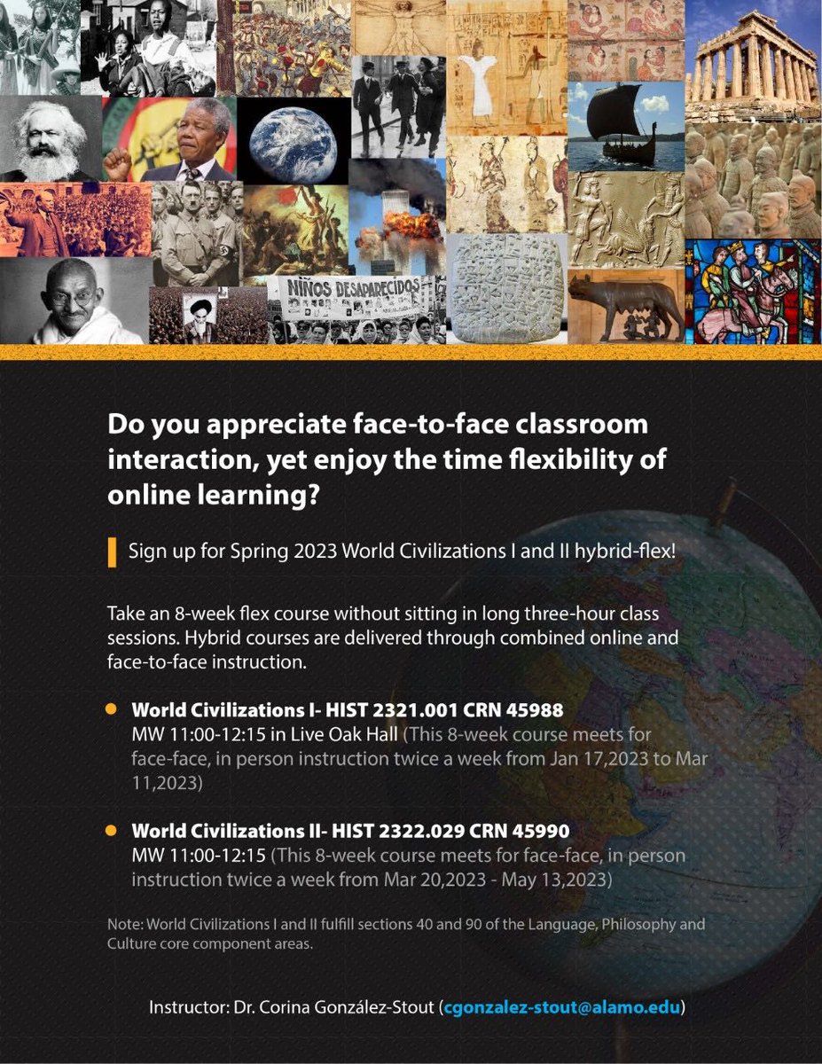 govista's tweet image. Have you heard about our hybrid-flex #WorldCivilization courses? 

Experience face-to-face classroom interaction AND the flexibility of online learning! Get registered for #Spring2023 today😁

#NVC #GoVista
