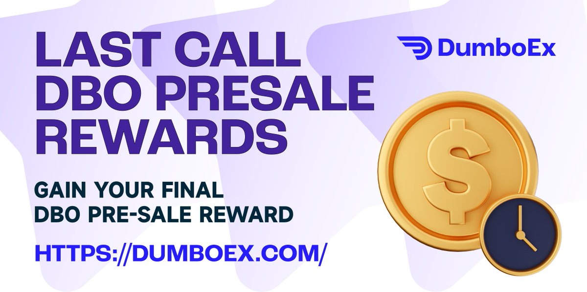 🌟The last call for DBO presale!! Come to check on dumboex.com to gain your final presale rewards!!

🌟Follow us and check on our site to get more information about the DBO benefits.
#DumboEx #DBO #defichain  #cryptocurrency #EARLYBIRD