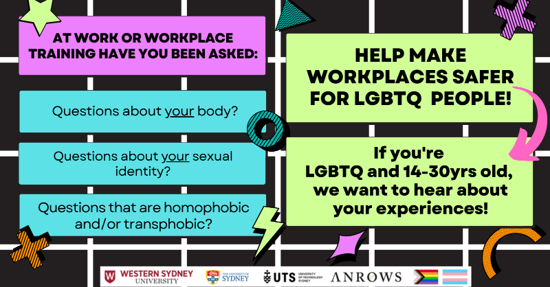speakoutatwork's tweet photo. The #SpeakingOutAtWork study is an @ANROWS-funded research project exploring the sexual harassment of LGBTQ young people in the workplace &amp; workplace training. Click on the image to participate! 
@Kerryhrob @cristyn_davies @JaneUssher @drjackieullman @DrBrahm_Marjadi @paulibyron